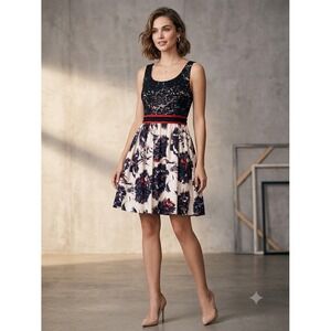 Peter Som Made in Kind‎ Black Lace Floral Fit Flare Dress Red Trim Sz 10